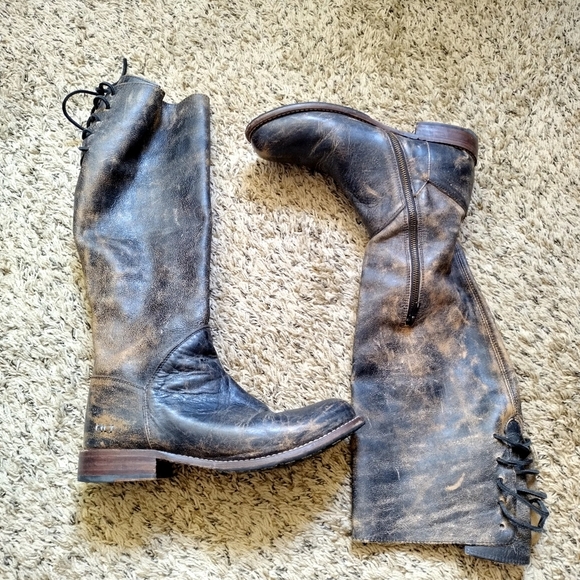 Bed Stu Manchester Leather Tall Boots Distressed Black/Brown Lace-Up Tie Sz 10 - Picture 2 of 11